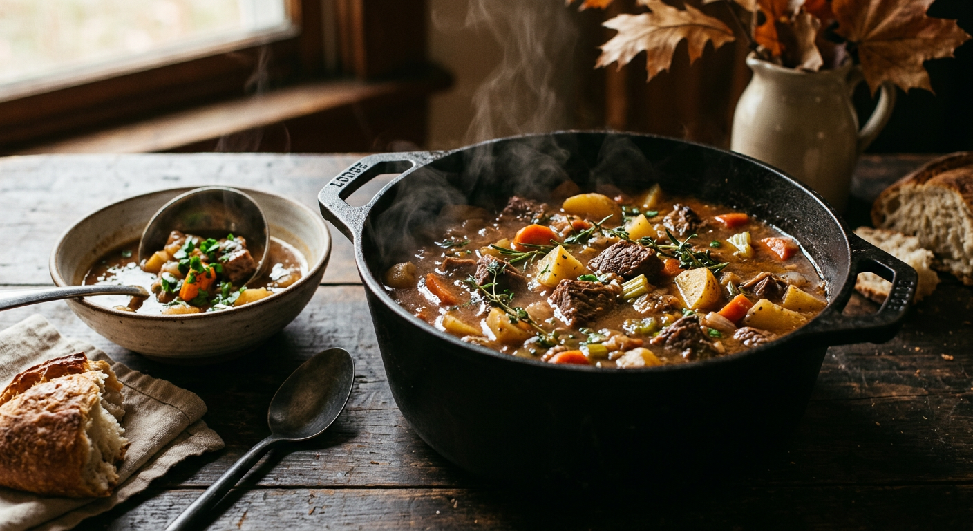 A steaming pot of hearty beef stew with carrots and potatoes in a cast iron dutch oven