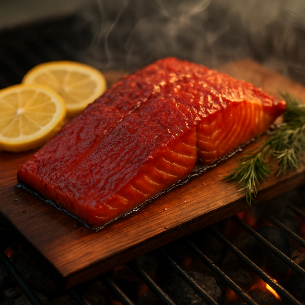 A wild sockeye salmon fillet grilling on a cedar plank with lemon and dill