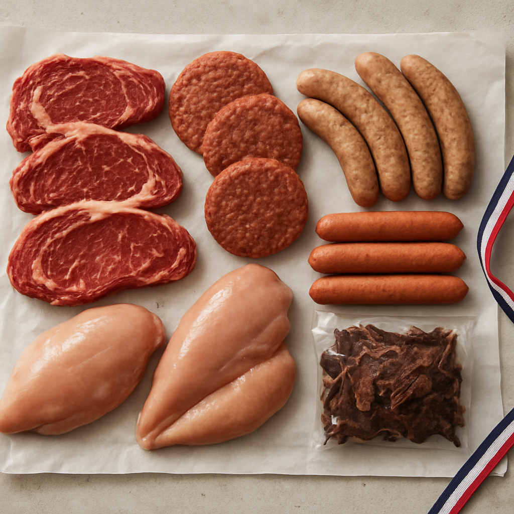 A large butcher bundle of steaks, burgers, brats, hot dogs, and jerky laid out on butcher paper