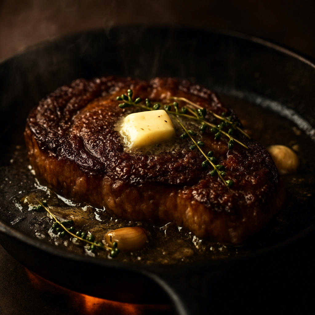 A thick ribeye steak searing in a cast iron pan with butter, thyme, and garlic
