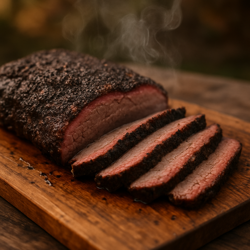 A sliced smoked brisket with dark bark and a deep pink smoke ring on a wooden board