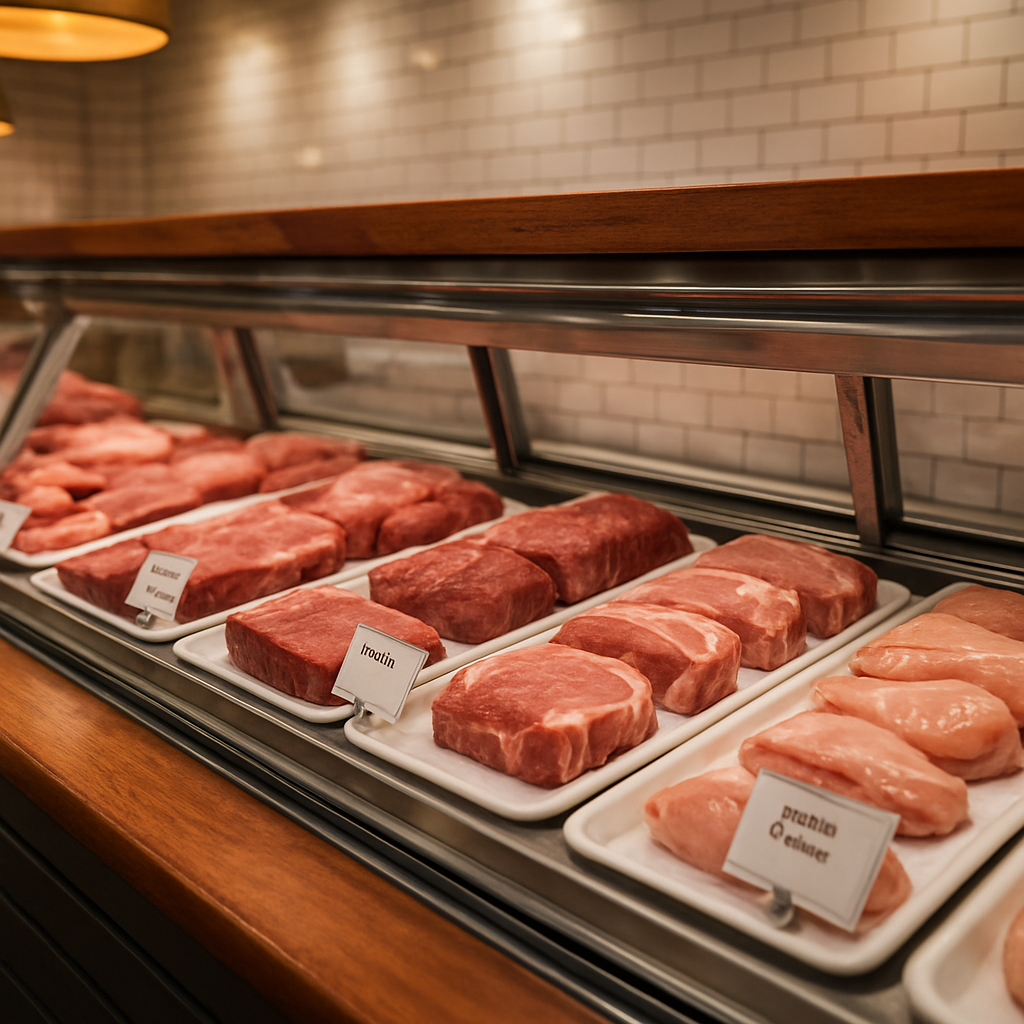 A pristine glass-front meat case filled with fresh beef, pork, and chicken cuts at Crystal Creek Quality Meats