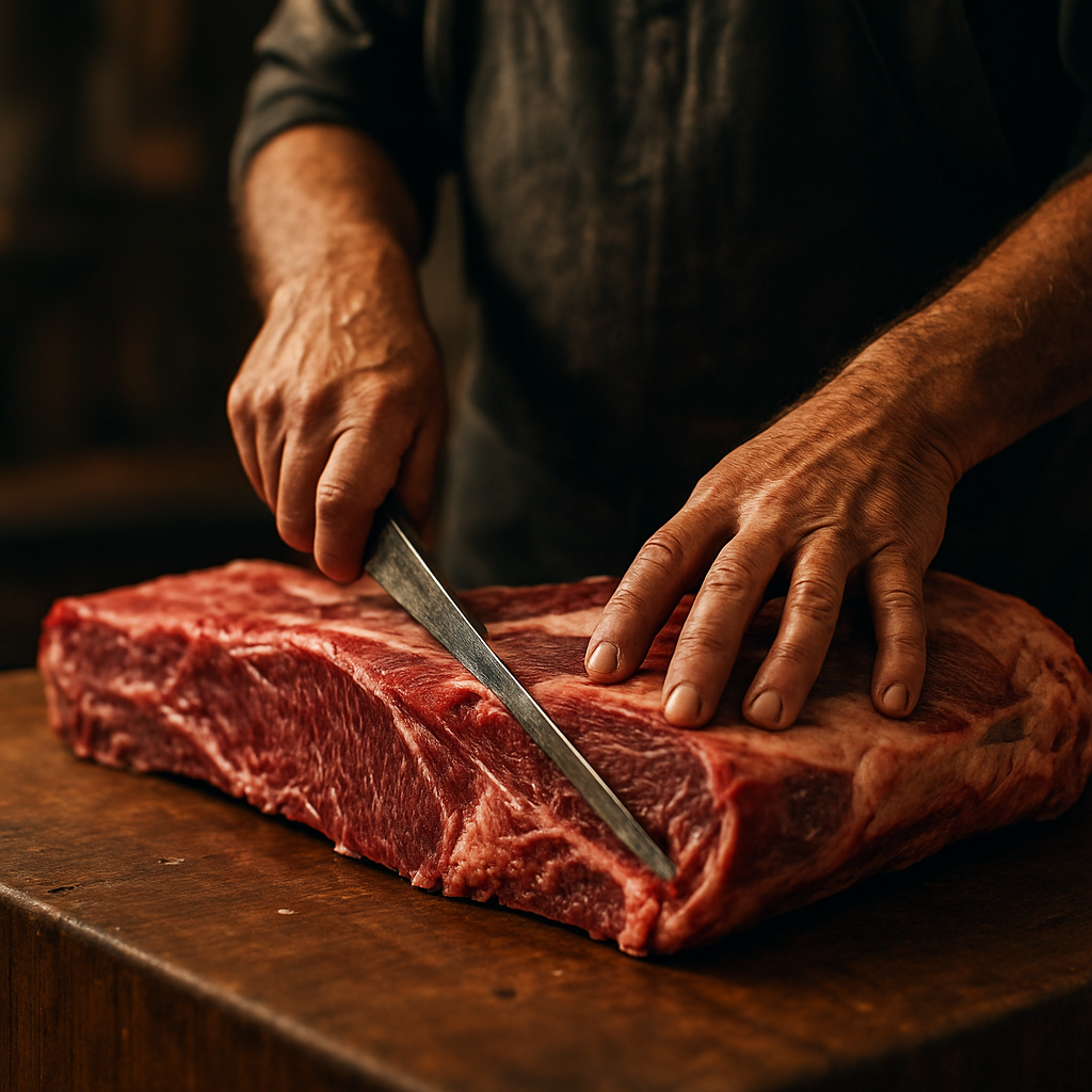A butcher's hands breaking down a primal cut on a heavy wooden block